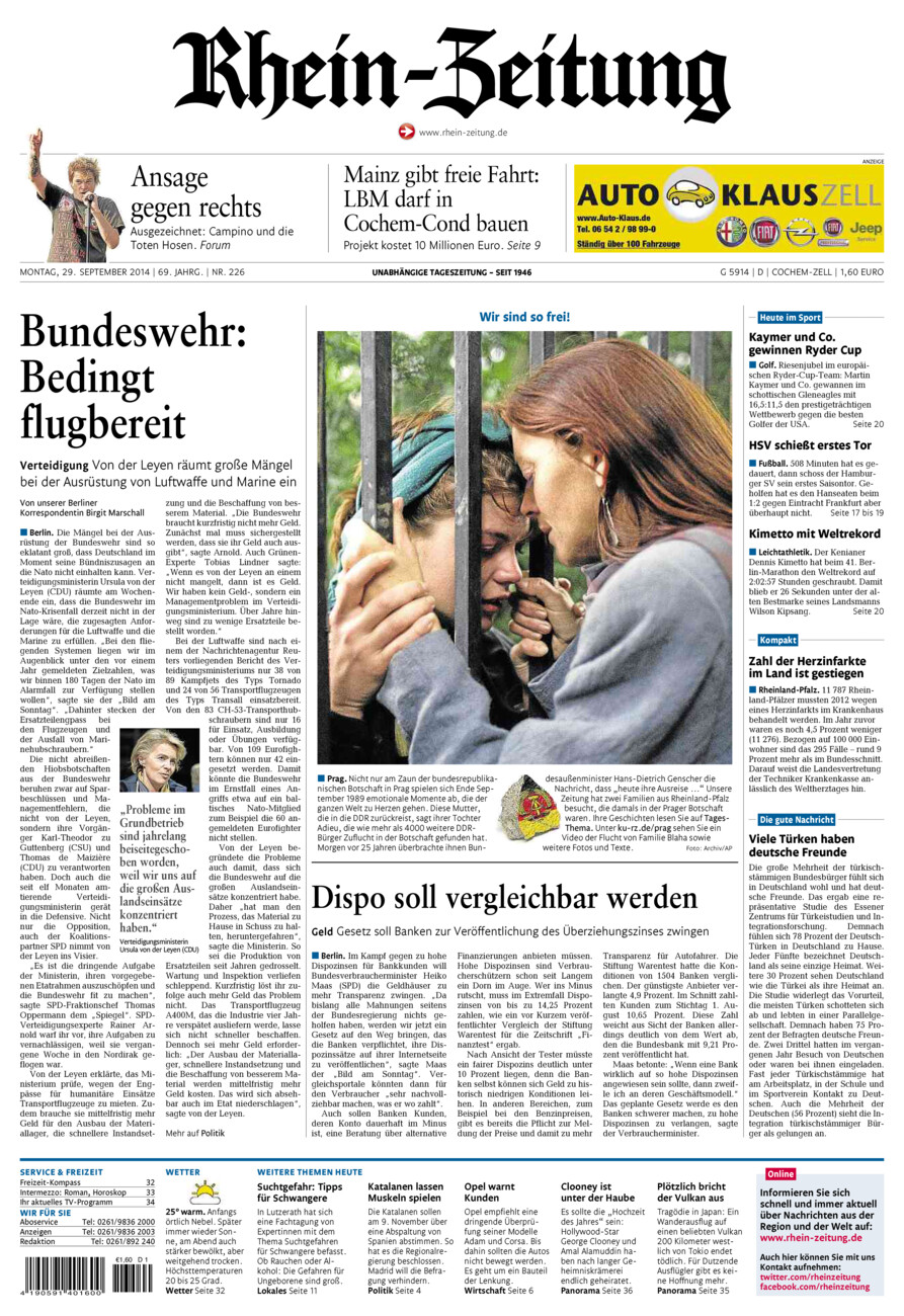 Rhein-Zeitung Kreis Cochem-Zell vom Montag, 29.09.2014