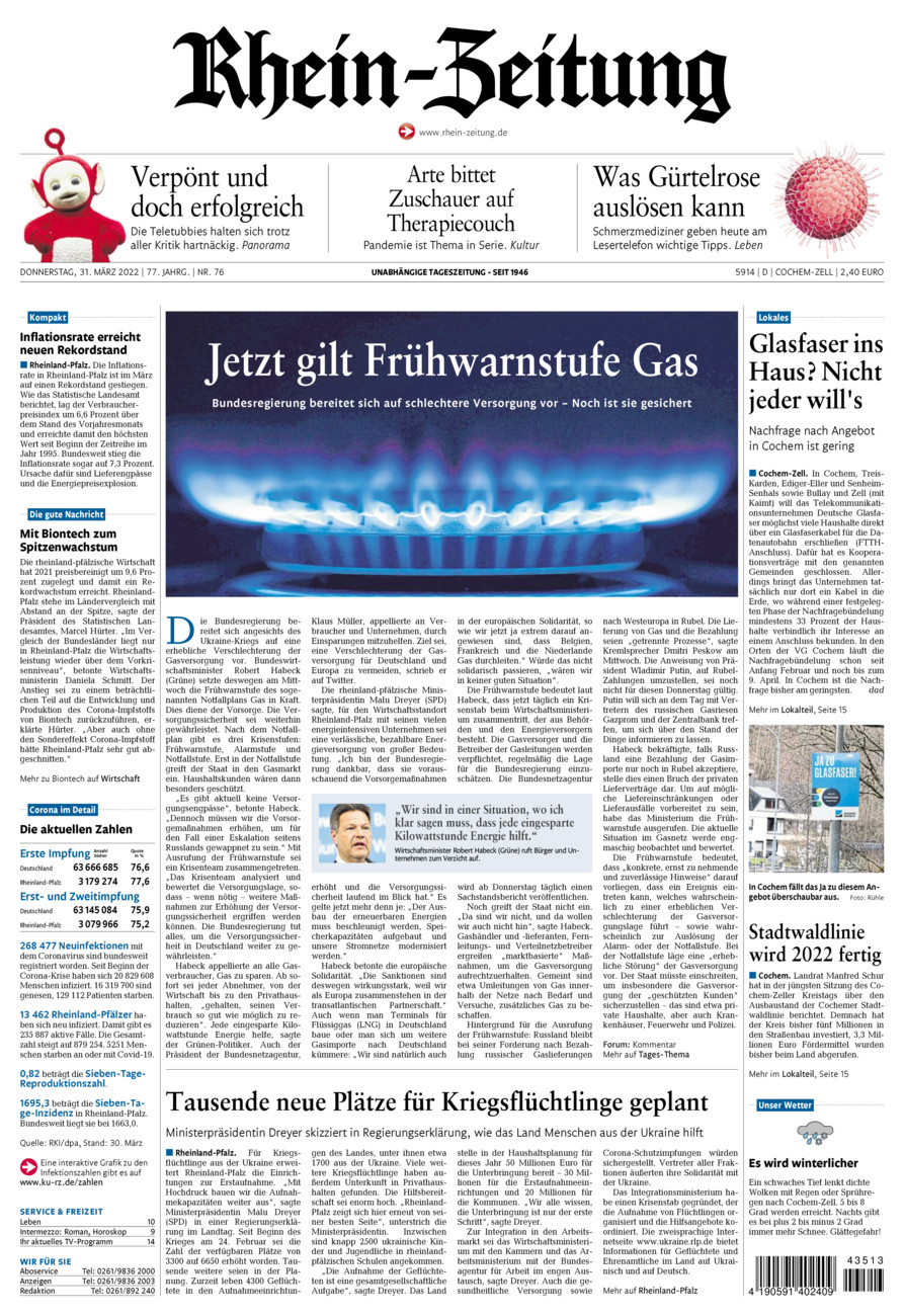 Rhein-Zeitung Kreis Cochem-Zell vom Donnerstag, 31.03.2022