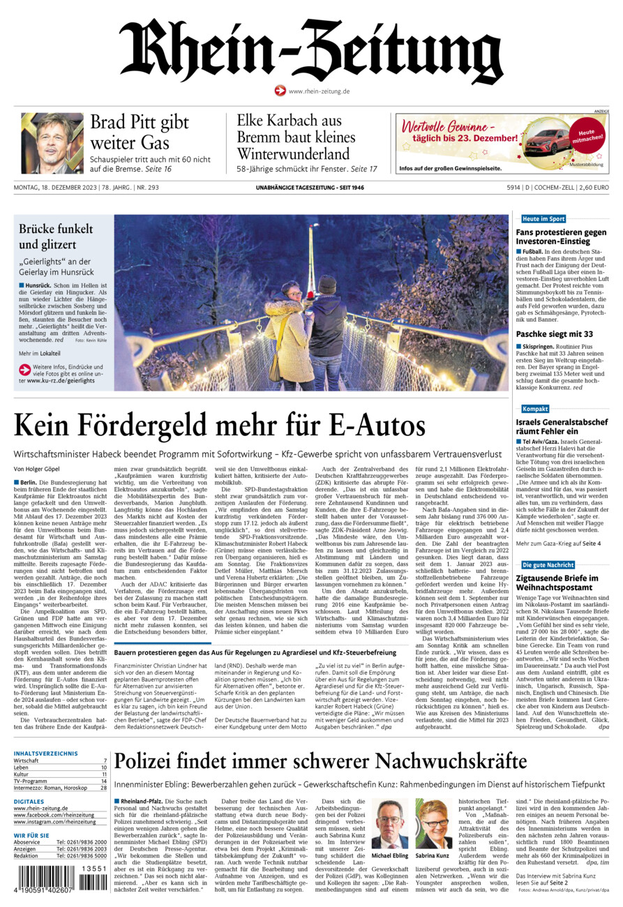 Rhein-Zeitung Kreis Cochem-Zell vom Montag, 18.12.2023