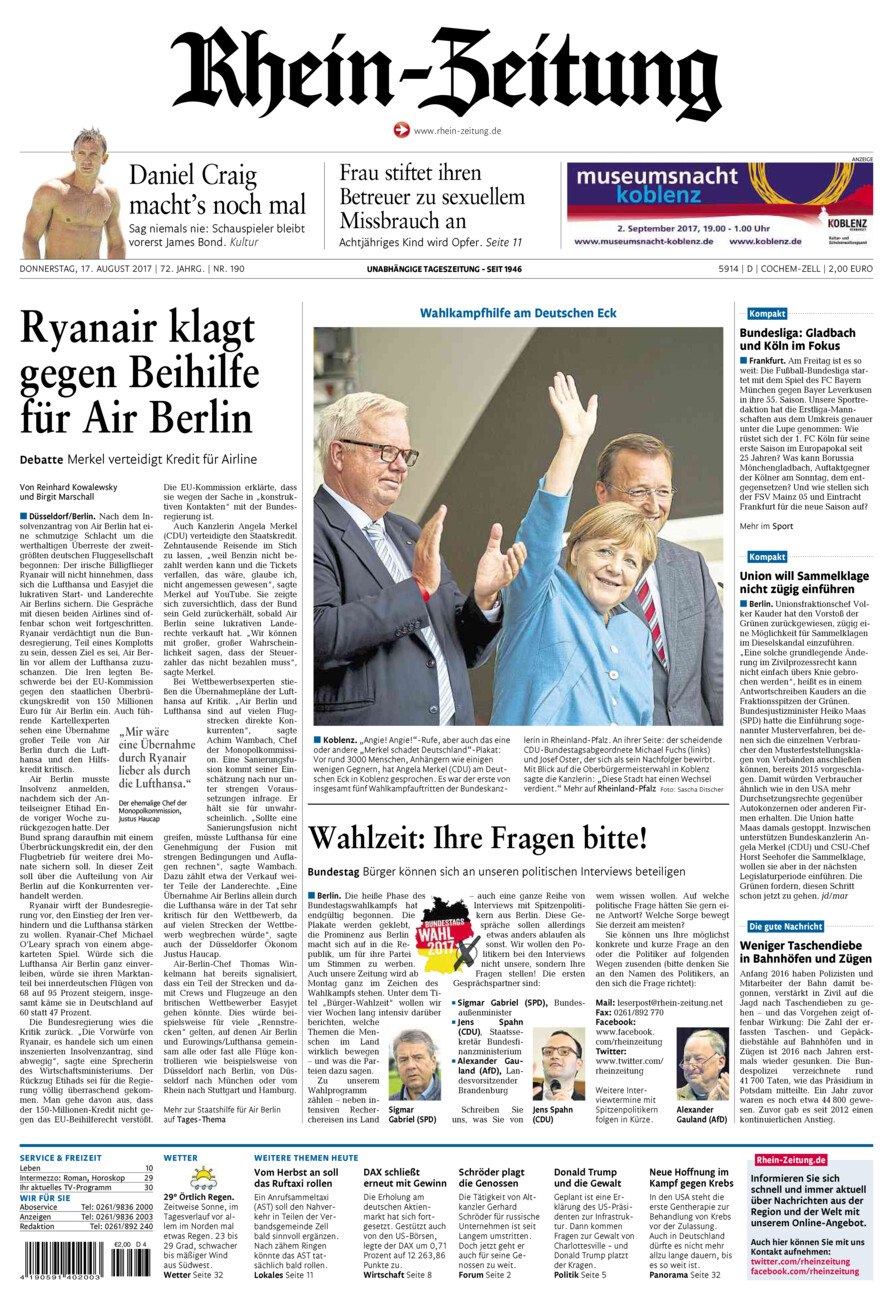 Rhein-Zeitung Kreis Cochem-Zell vom Donnerstag, 17.08.2017