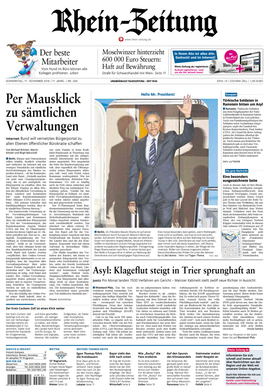 Rhein-Zeitung Kreis Cochem-Zell vom Donnerstag, 17.11.2016
