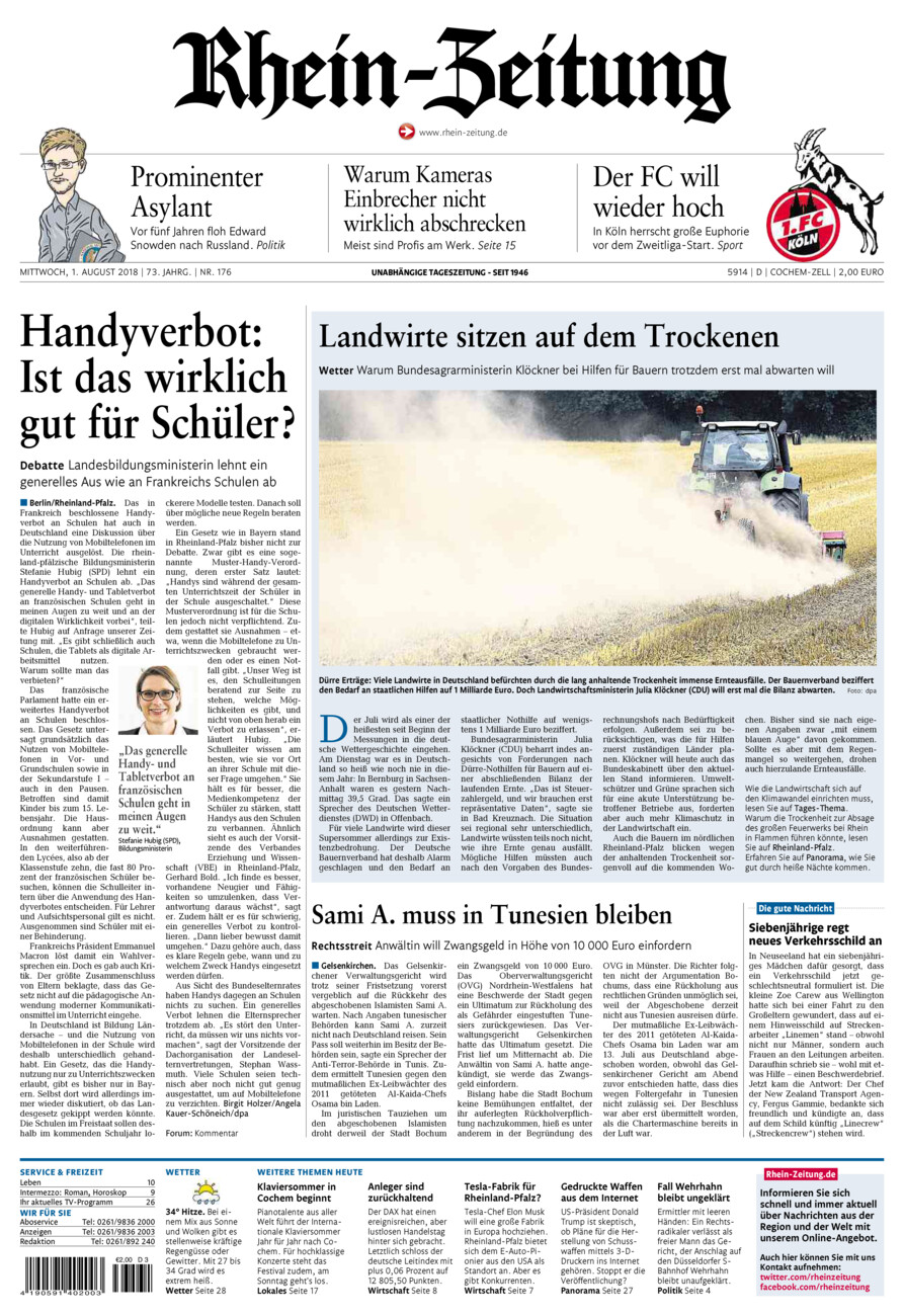 Rhein-Zeitung Kreis Cochem-Zell vom Mittwoch, 01.08.2018
