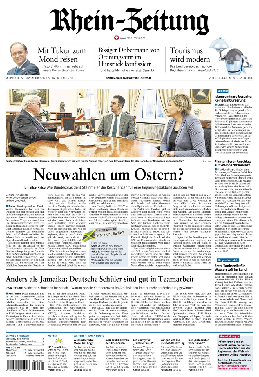 Rhein-Zeitung Kreis Cochem-Zell vom Mittwoch, 22.11.2017