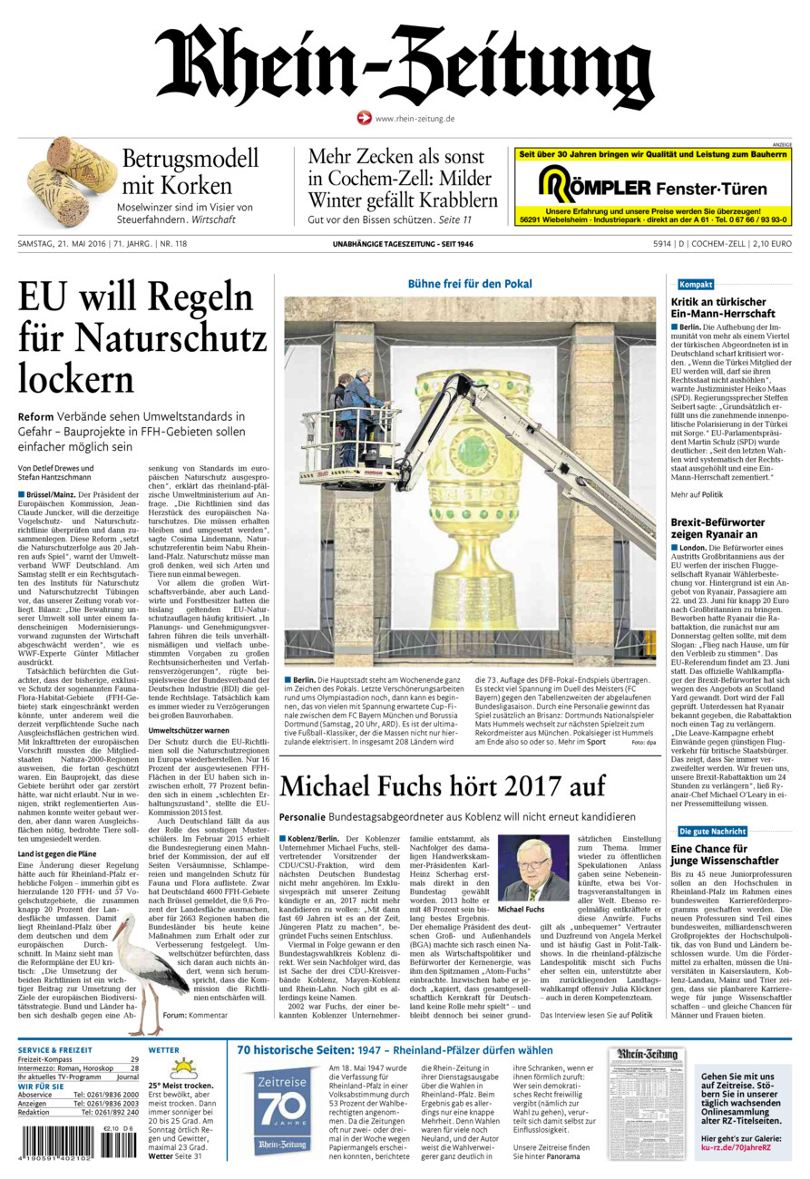 Rhein-Zeitung Kreis Cochem-Zell vom Samstag, 21.05.2016
