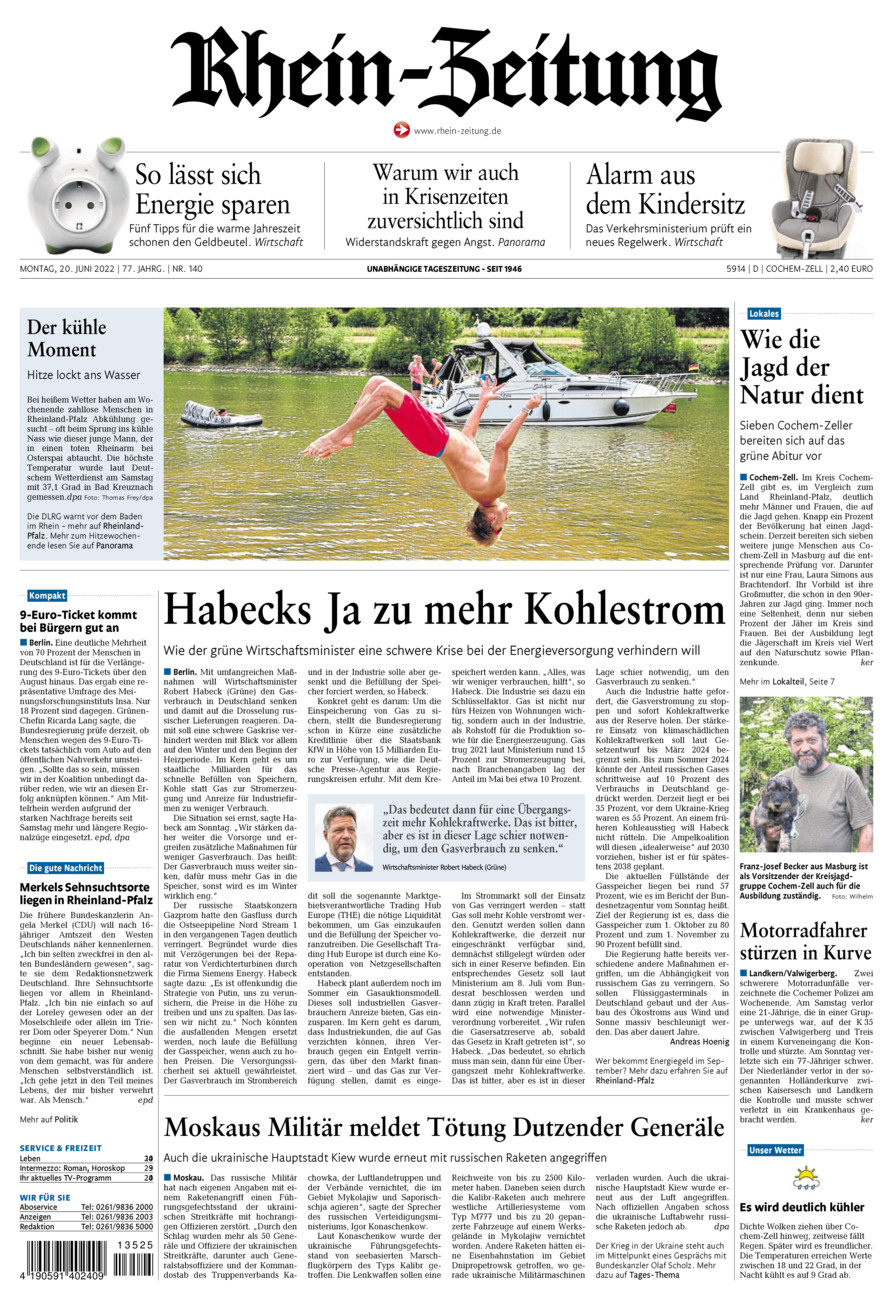 Rhein-Zeitung Kreis Cochem-Zell vom Montag, 20.06.2022