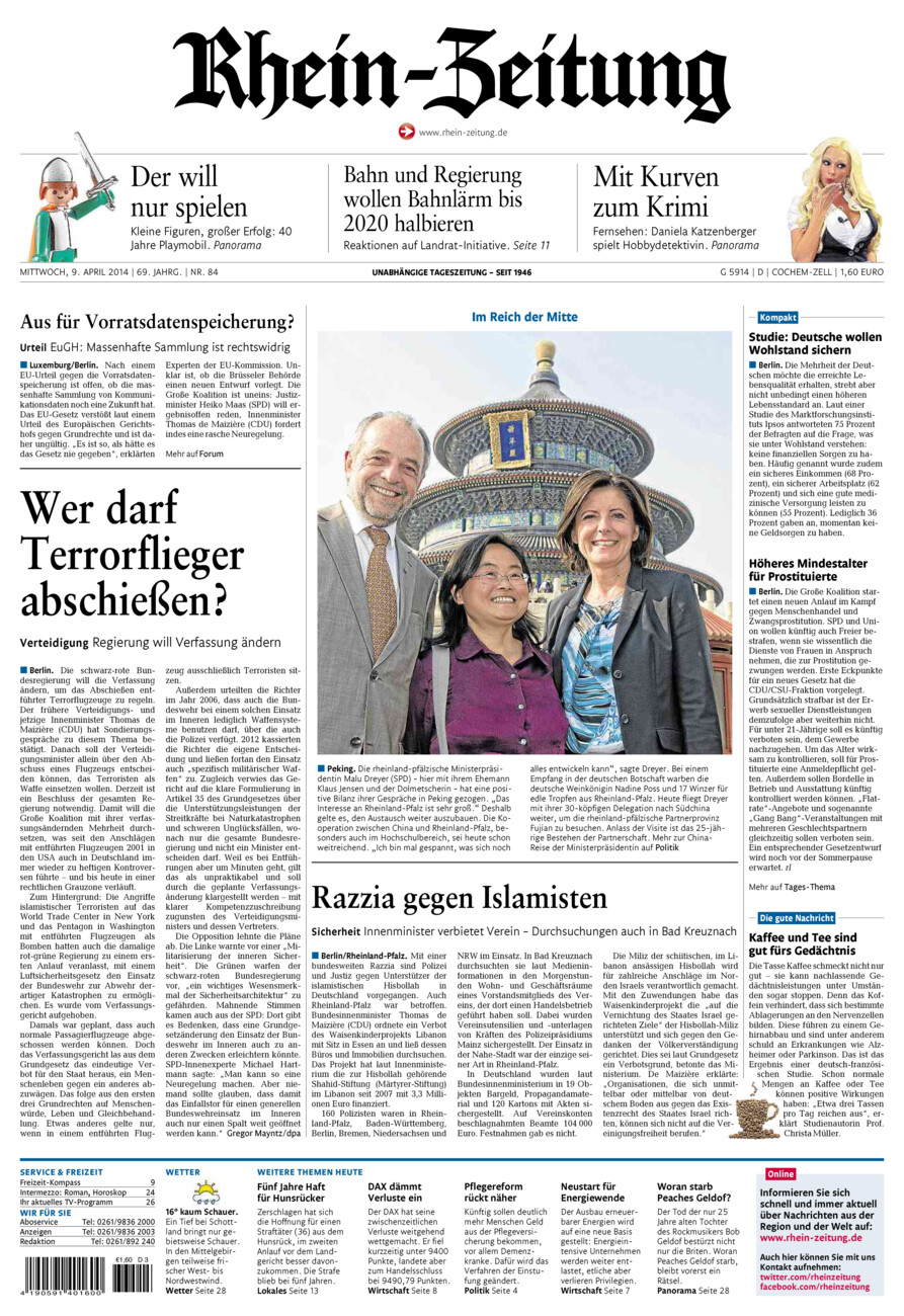 Rhein-Zeitung Kreis Cochem-Zell vom Mittwoch, 09.04.2014