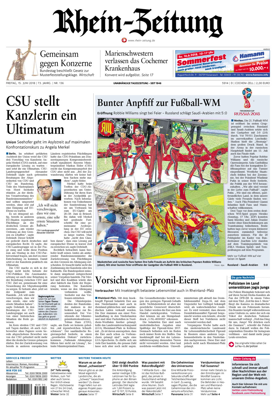 Rhein-Zeitung Kreis Cochem-Zell vom Freitag, 15.06.2018