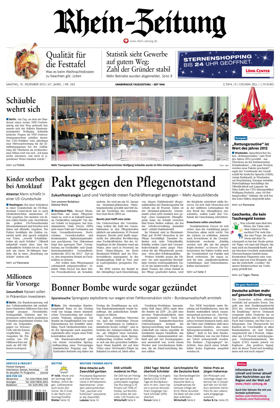 Rhein-Zeitung Kreis Cochem-Zell vom Samstag, 15.12.2012