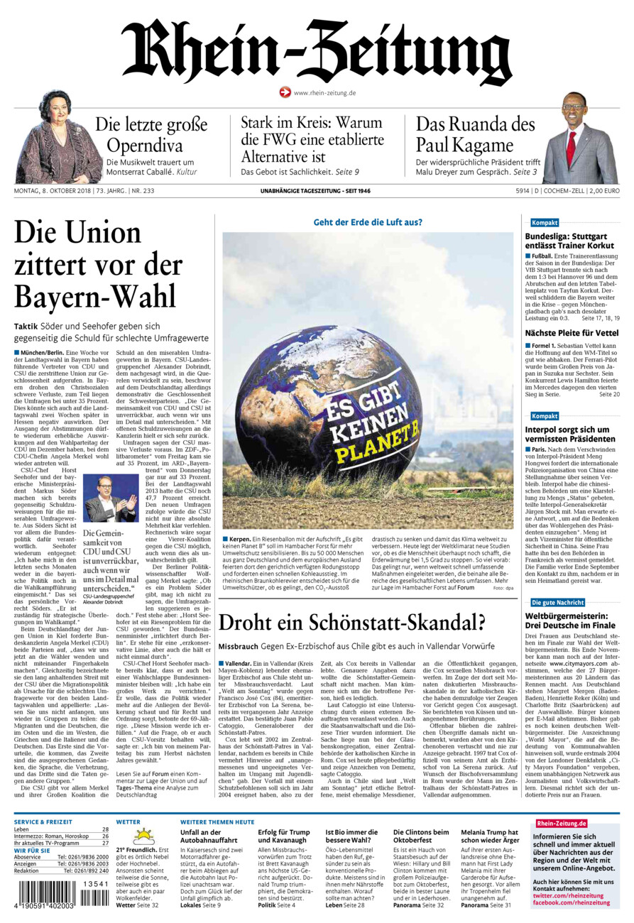 Rhein-Zeitung Kreis Cochem-Zell vom Montag, 08.10.2018