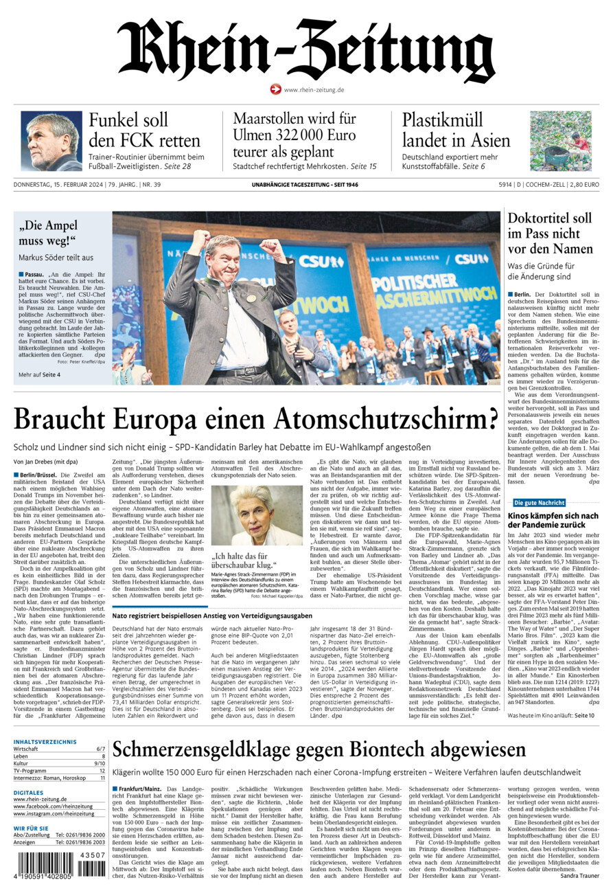 Rhein-Zeitung Kreis Cochem-Zell vom Donnerstag, 15.02.2024