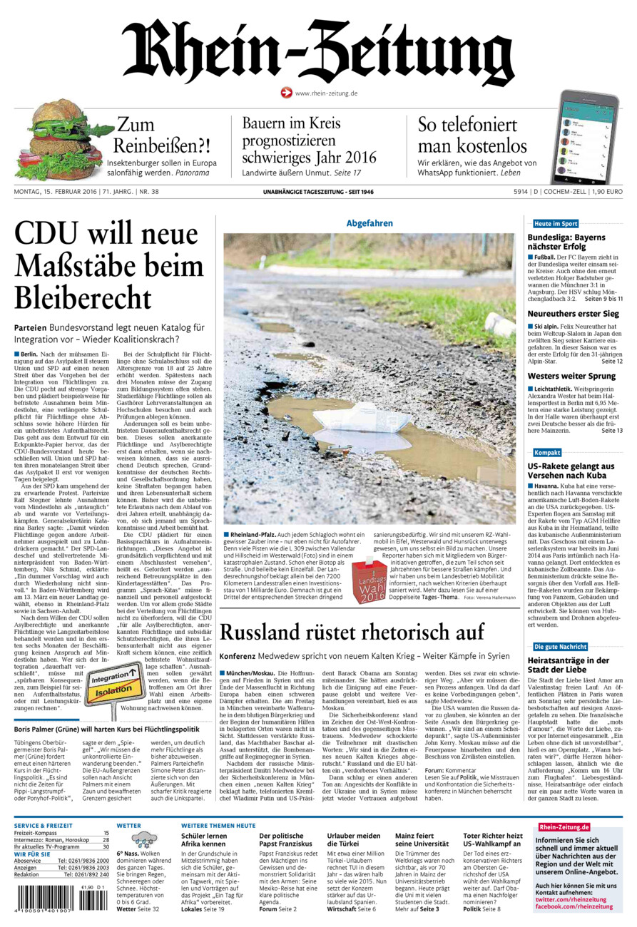 Rhein-Zeitung Kreis Cochem-Zell vom Montag, 15.02.2016