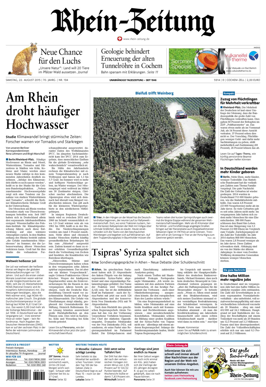 Rhein-Zeitung Kreis Cochem-Zell vom Samstag, 22.08.2015