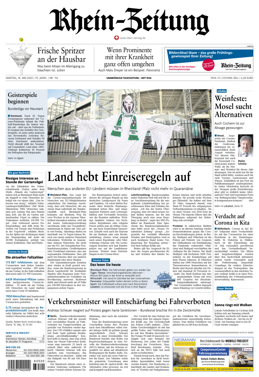 Rhein-Zeitung Kreis Cochem-Zell vom Samstag, 16.05.2020
