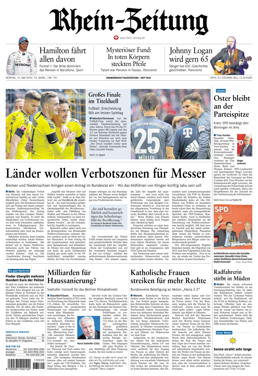 Rhein-Zeitung Kreis Cochem-Zell vom Montag, 13.05.2019