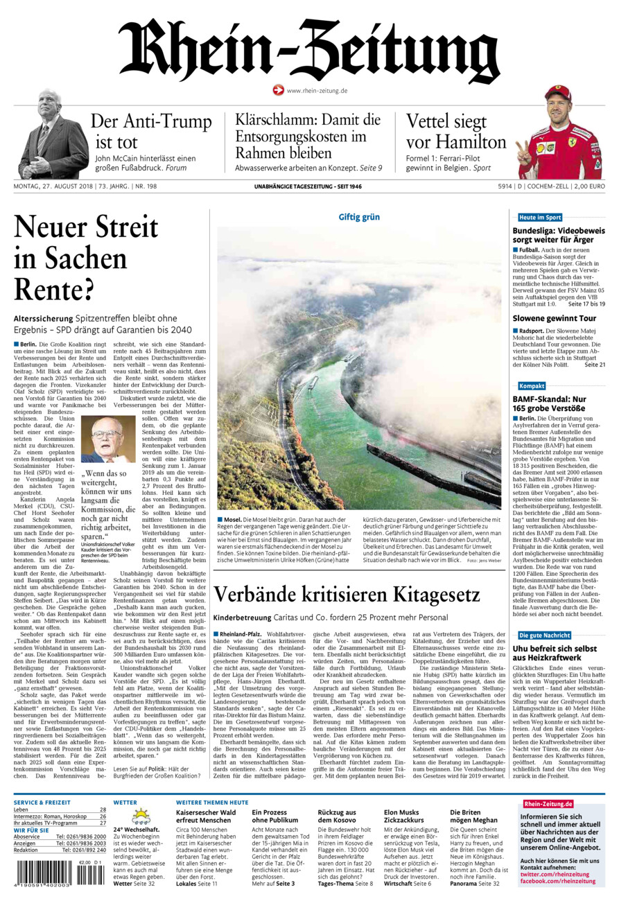 Rhein-Zeitung Kreis Cochem-Zell vom Montag, 27.08.2018