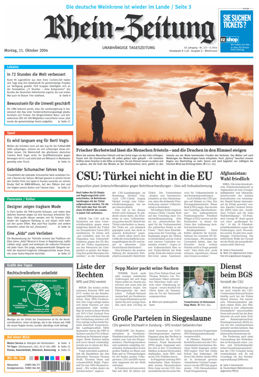 Rhein-Zeitung Kreis Cochem-Zell vom Montag, 11.10.2004