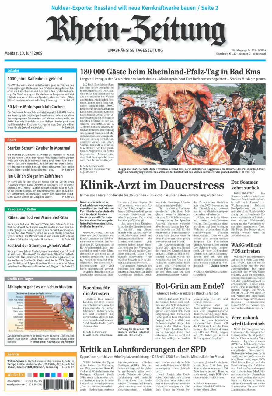 Rhein-Zeitung Kreis Cochem-Zell vom Montag, 13.06.2005