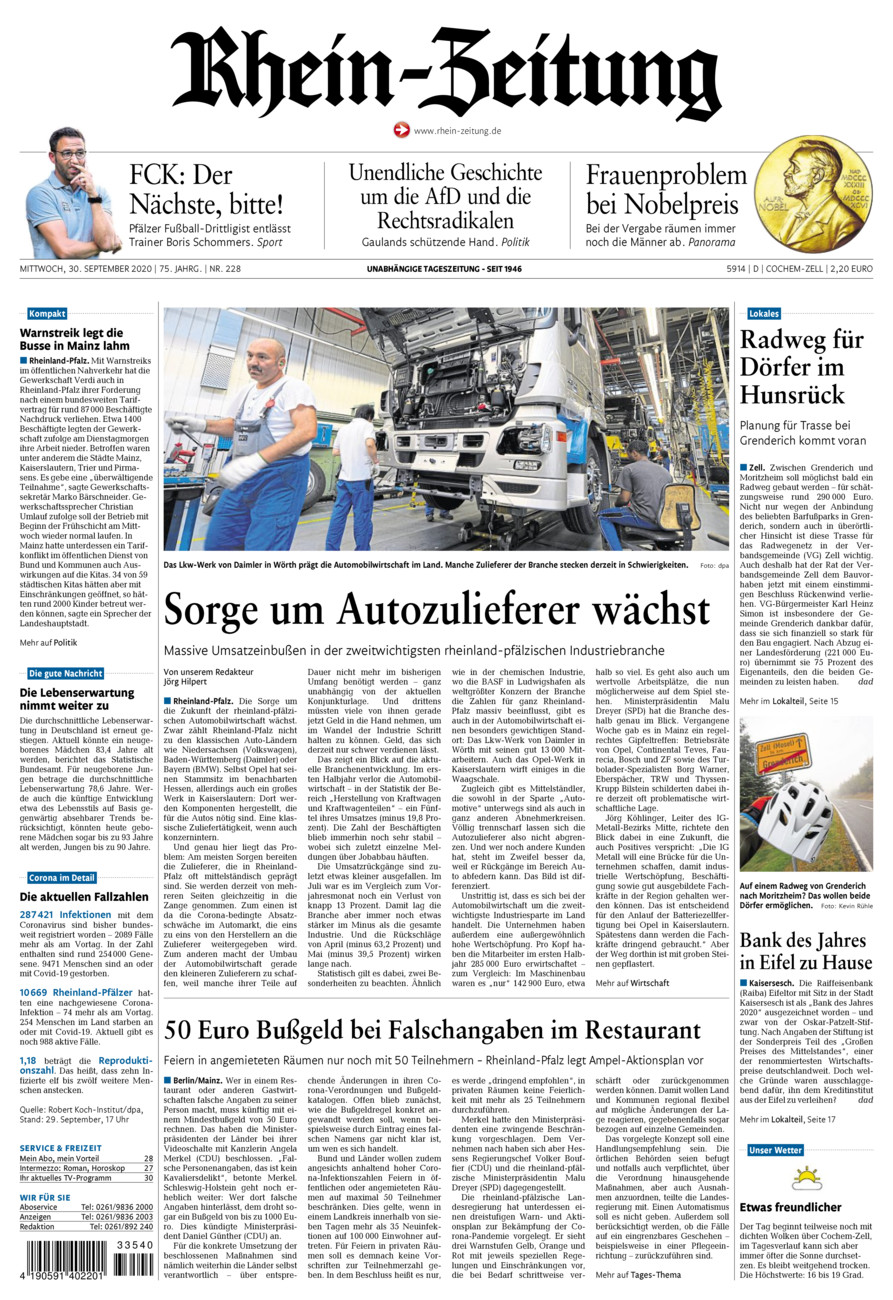 Rhein-Zeitung Kreis Cochem-Zell vom Mittwoch, 30.09.2020