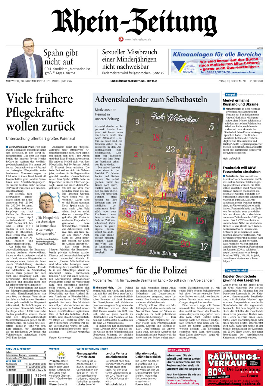 Rhein-Zeitung Kreis Cochem-Zell vom Mittwoch, 28.11.2018