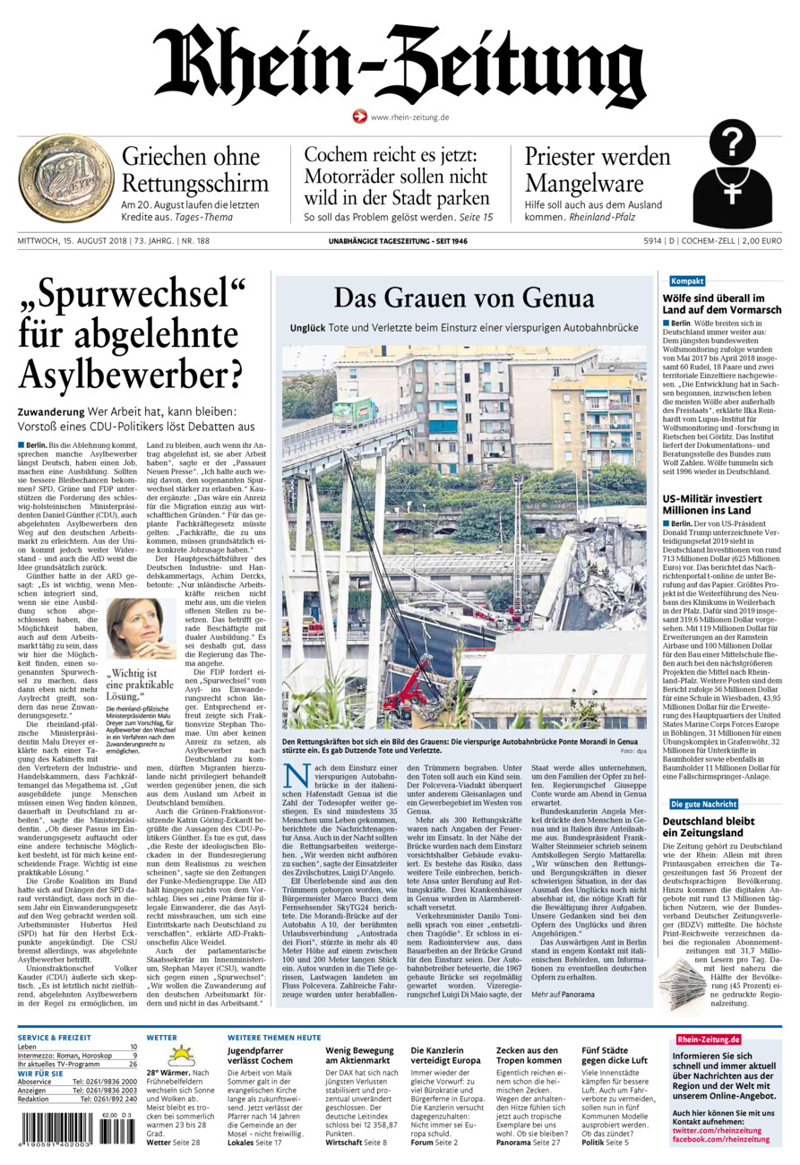 Rhein-Zeitung Kreis Cochem-Zell vom Mittwoch, 15.08.2018