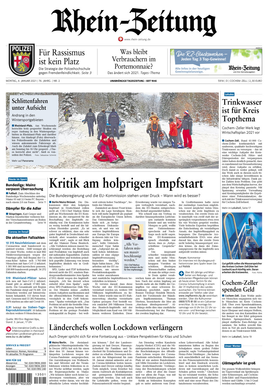 Rhein-Zeitung Kreis Cochem-Zell vom Montag, 04.01.2021