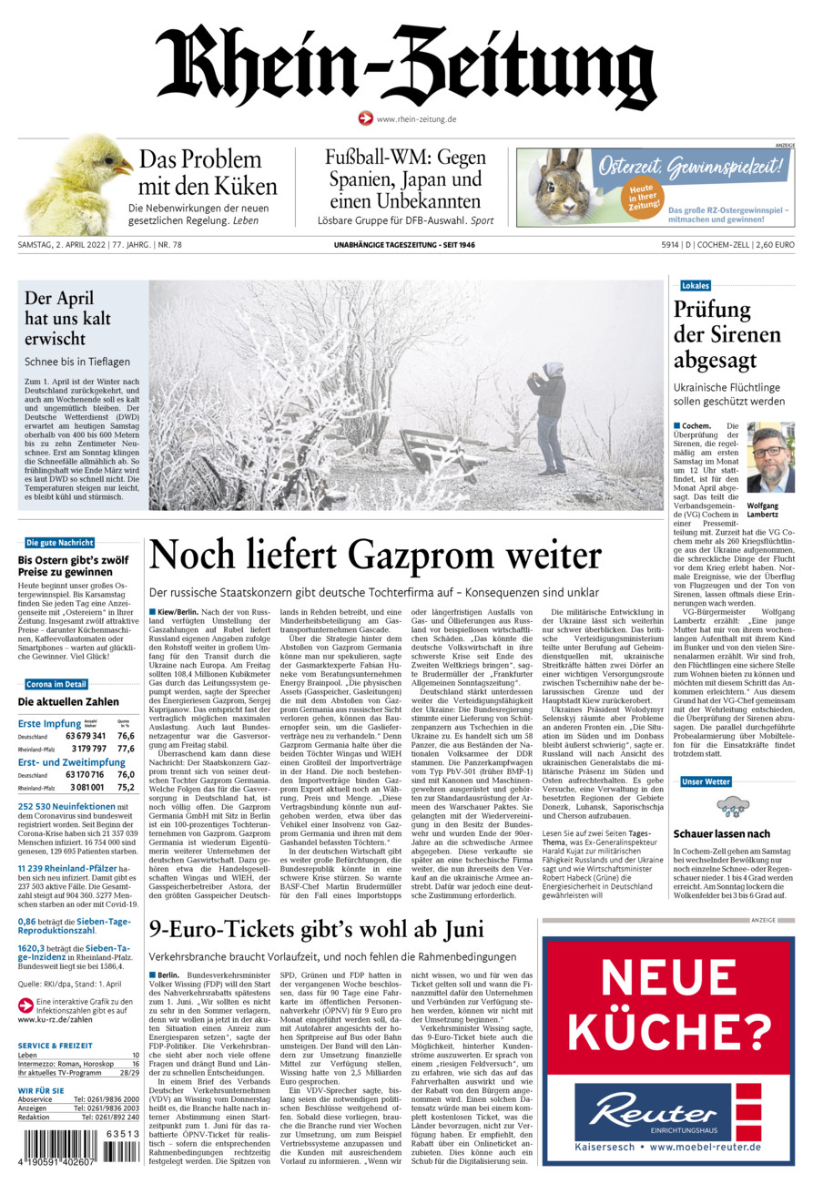 Rhein-Zeitung Kreis Cochem-Zell vom Samstag, 02.04.2022