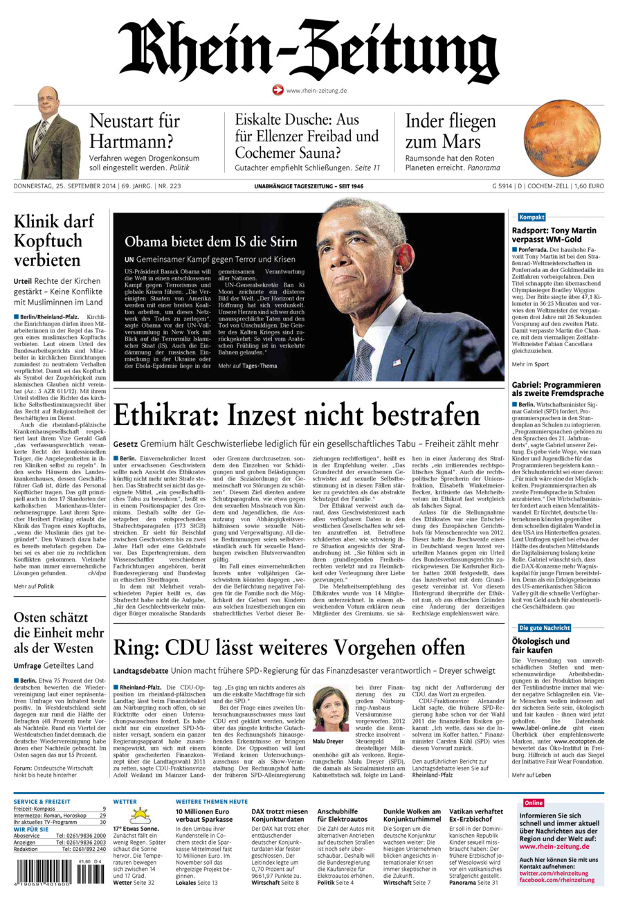 Rhein-Zeitung Kreis Cochem-Zell vom Donnerstag, 25.09.2014