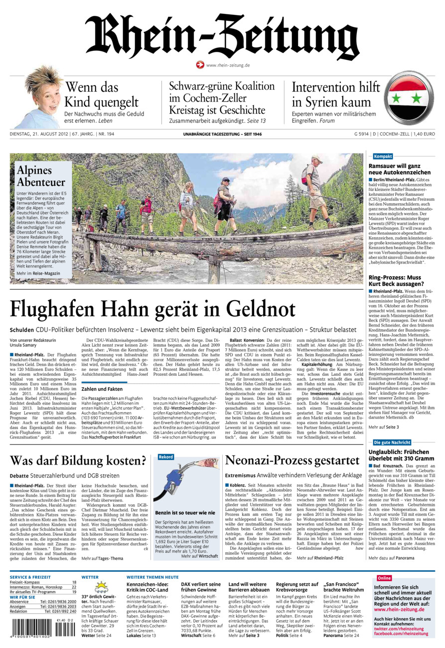 Rhein-Zeitung Kreis Cochem-Zell vom Dienstag, 21.08.2012