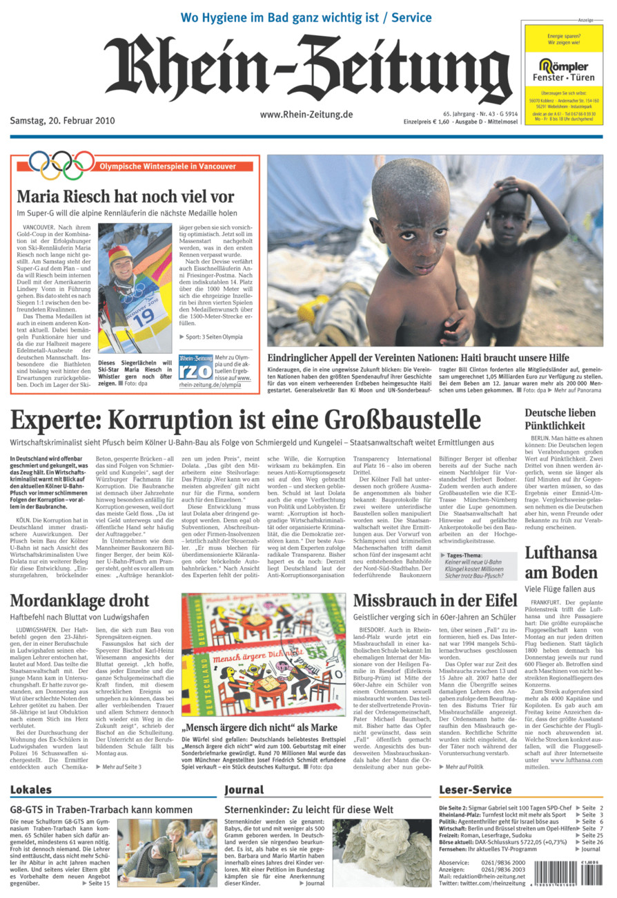 Rhein-Zeitung Kreis Cochem-Zell vom Samstag, 20.02.2010