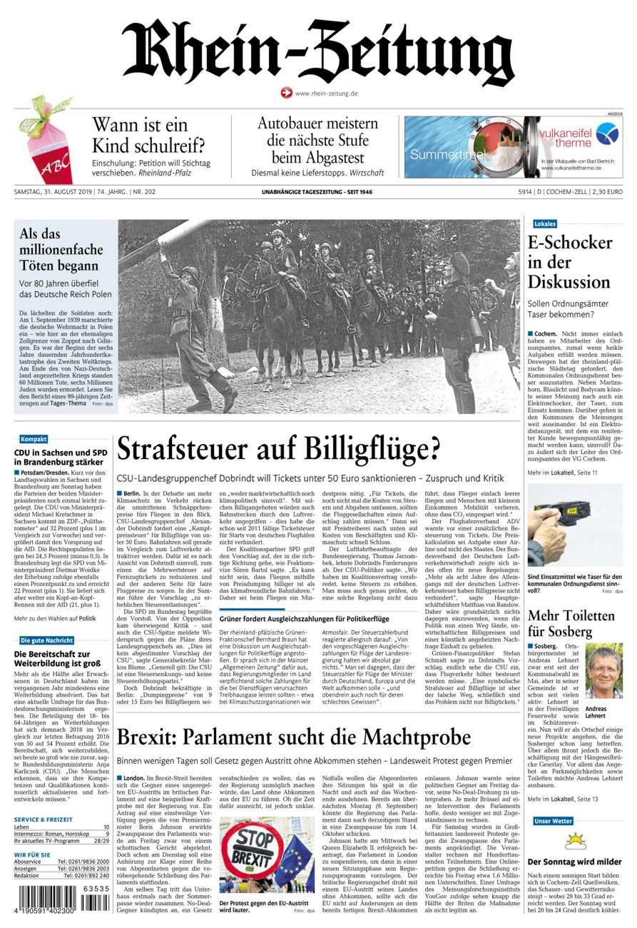 Rhein-Zeitung Kreis Cochem-Zell vom Samstag, 31.08.2019