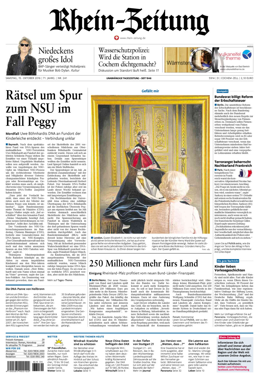 Rhein-Zeitung Kreis Cochem-Zell vom Samstag, 15.10.2016