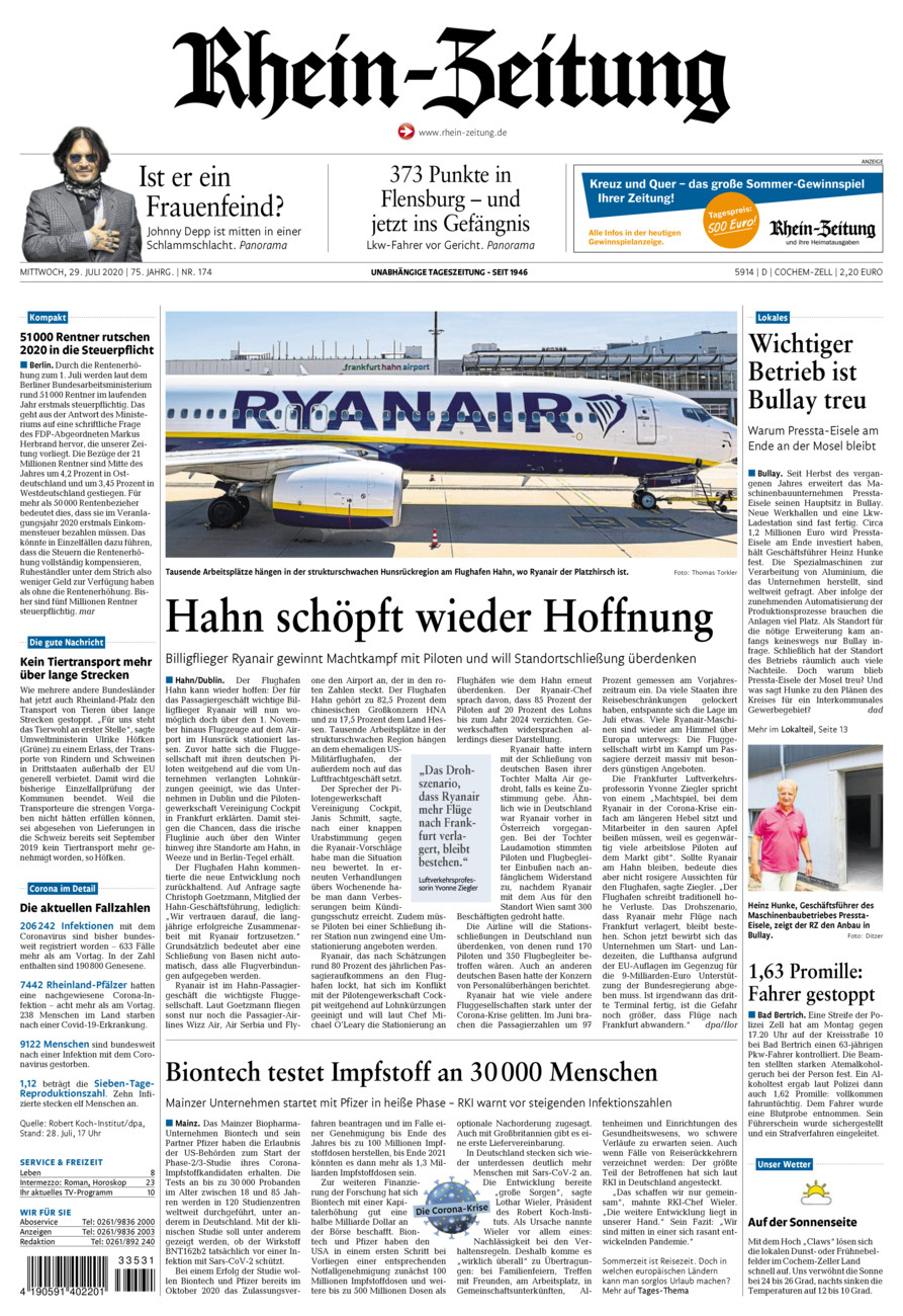 Rhein-Zeitung Kreis Cochem-Zell vom Mittwoch, 29.07.2020