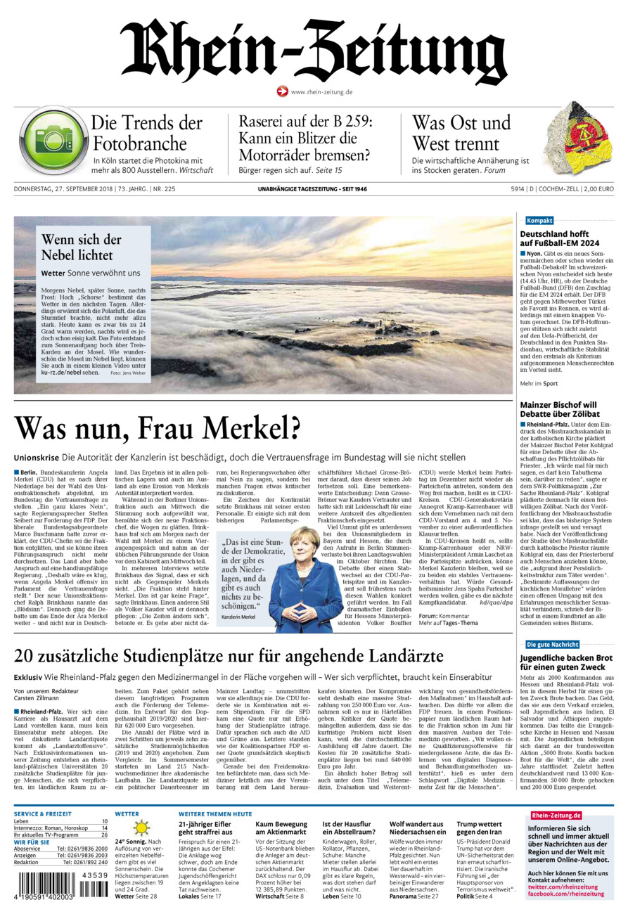 Rhein-Zeitung Kreis Cochem-Zell vom Donnerstag, 27.09.2018