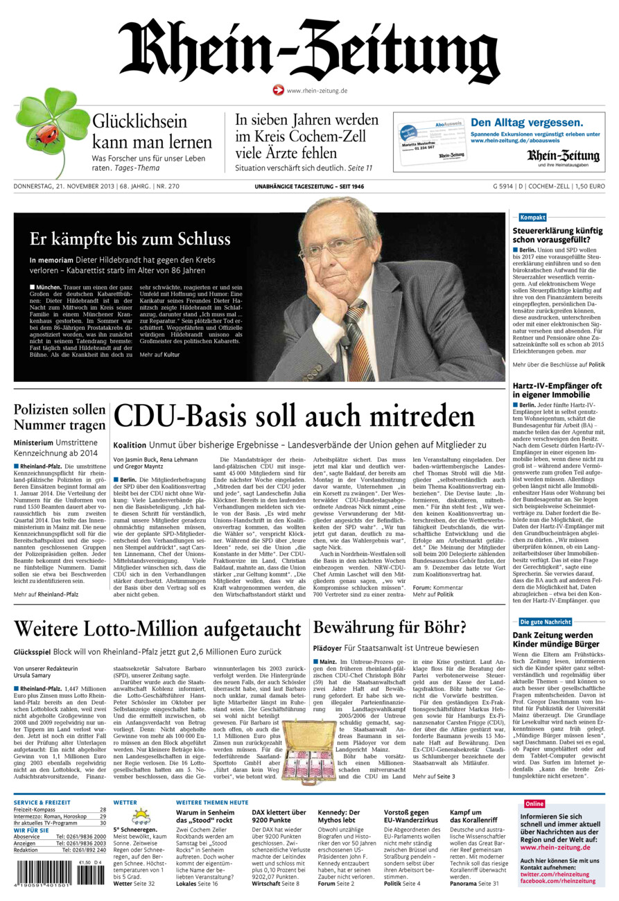 Rhein-Zeitung Kreis Cochem-Zell vom Donnerstag, 21.11.2013