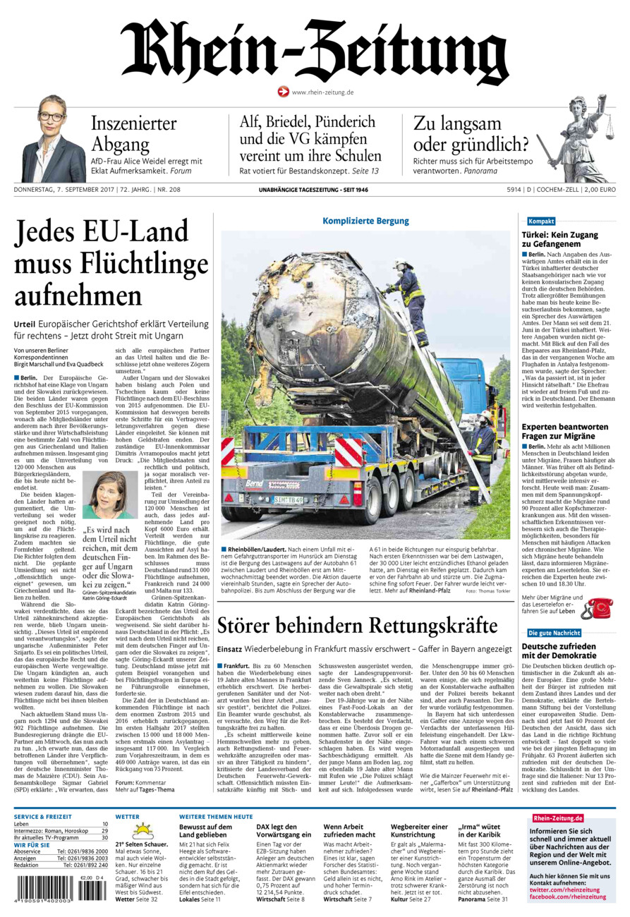 Rhein-Zeitung Kreis Cochem-Zell vom Donnerstag, 07.09.2017