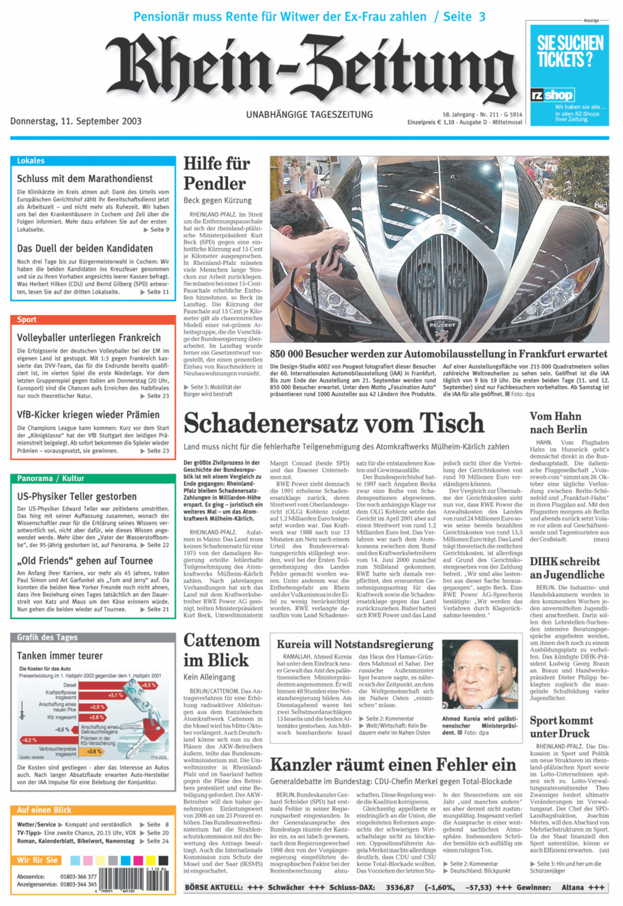 Rhein-Zeitung Kreis Cochem-Zell vom Donnerstag, 11.09.2003