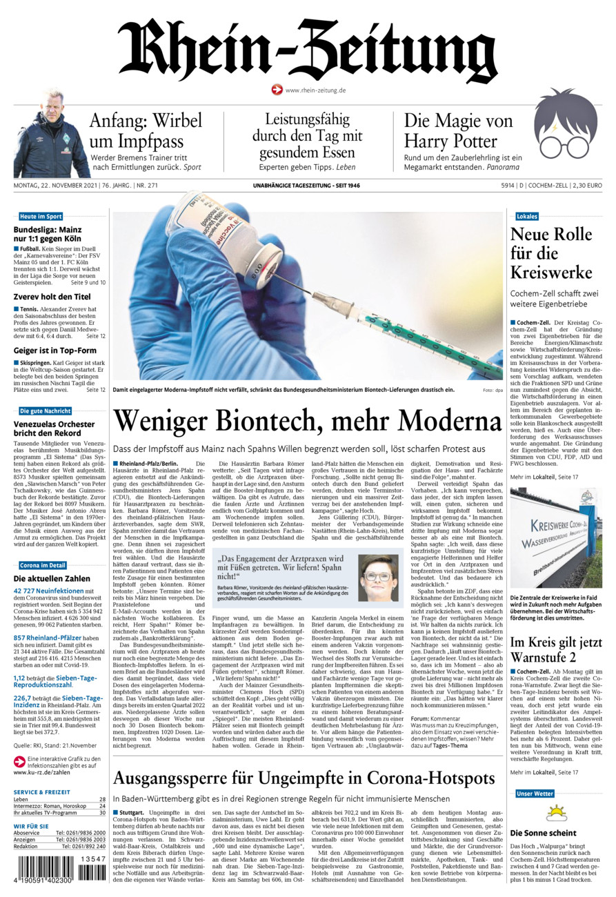 Rhein-Zeitung Kreis Cochem-Zell vom Montag, 22.11.2021