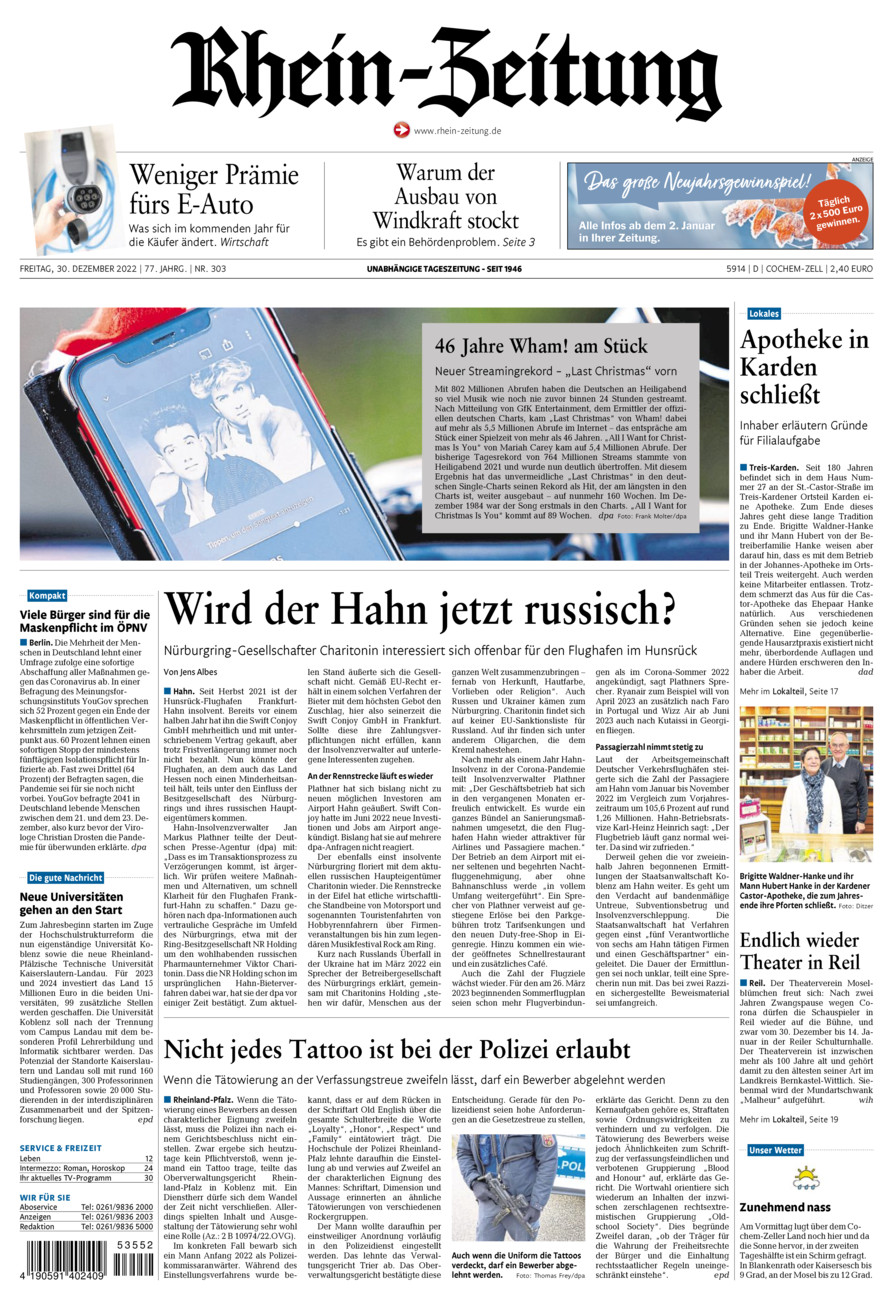 Rhein-Zeitung Kreis Cochem-Zell vom Freitag, 30.12.2022