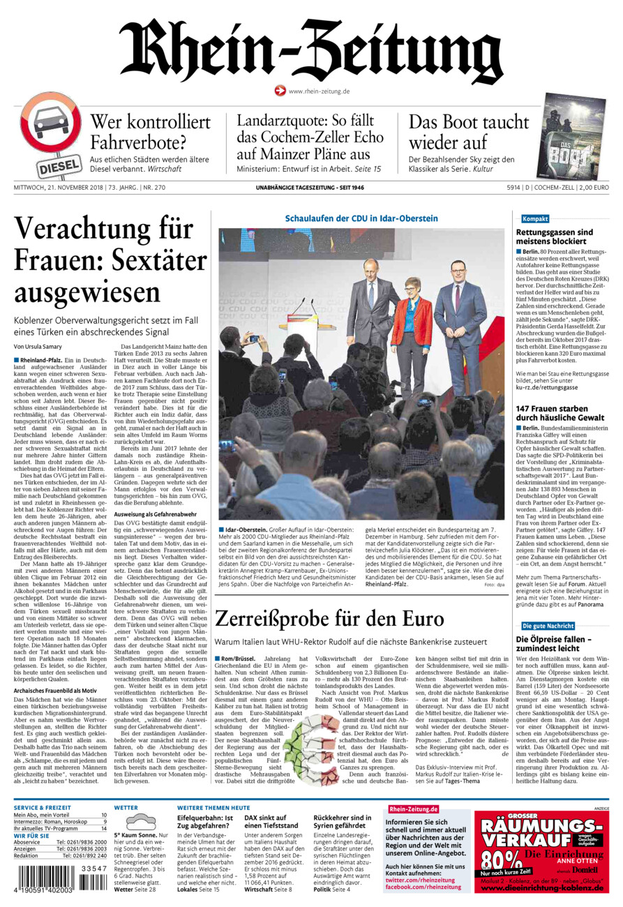 Rhein-Zeitung Kreis Cochem-Zell vom Mittwoch, 21.11.2018