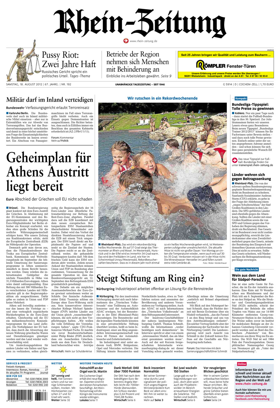 Rhein-Zeitung Kreis Cochem-Zell vom Samstag, 18.08.2012
