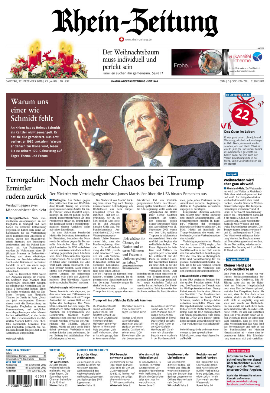 Rhein-Zeitung Kreis Cochem-Zell vom Samstag, 22.12.2018