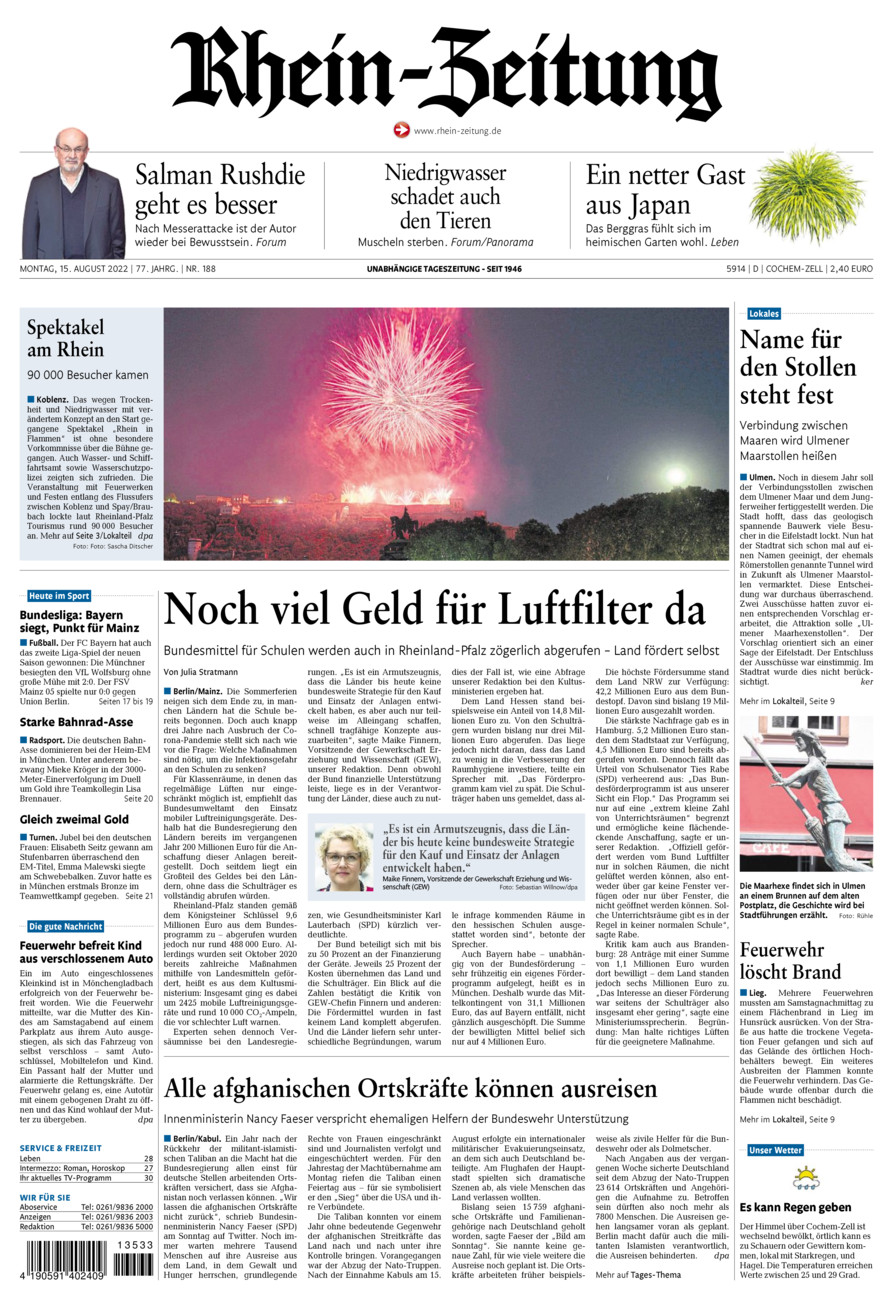 Rhein-Zeitung Kreis Cochem-Zell vom Montag, 15.08.2022