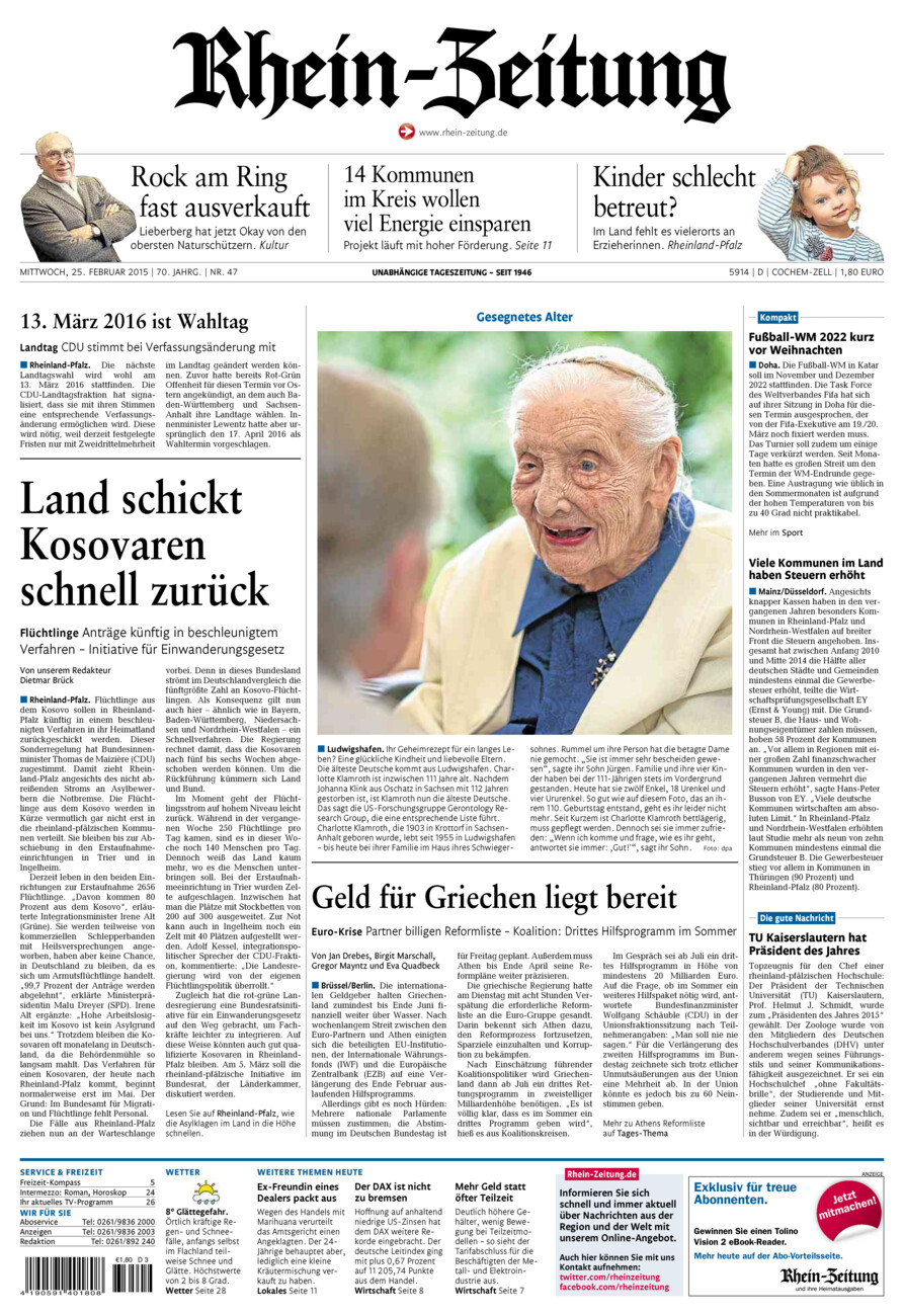 Rhein-Zeitung Kreis Cochem-Zell vom Mittwoch, 25.02.2015