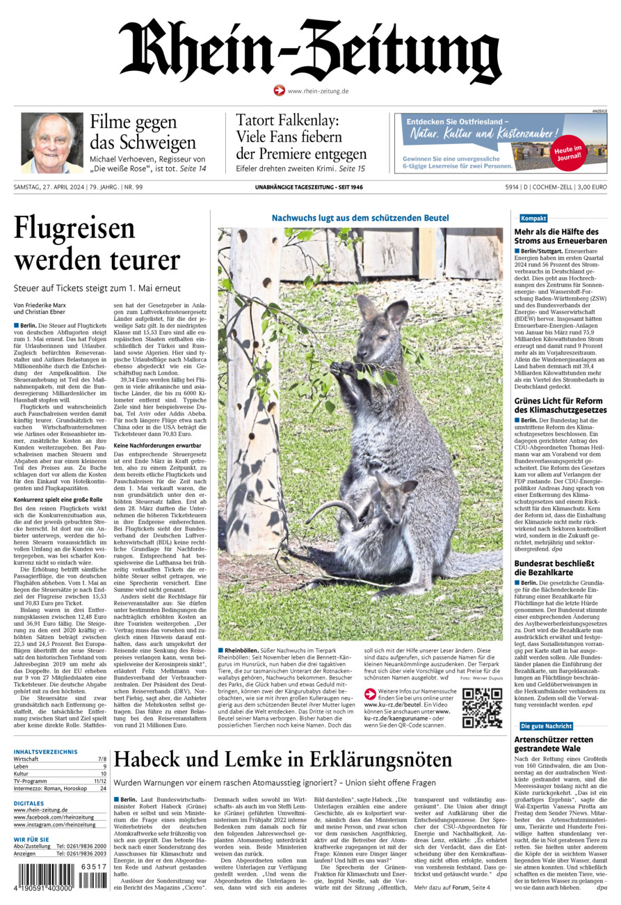 Rhein-Zeitung Kreis Cochem-Zell vom Samstag, 27.04.2024