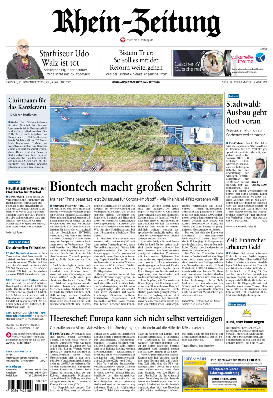 Rhein-Zeitung Kreis Cochem-Zell vom Samstag, 21.11.2020