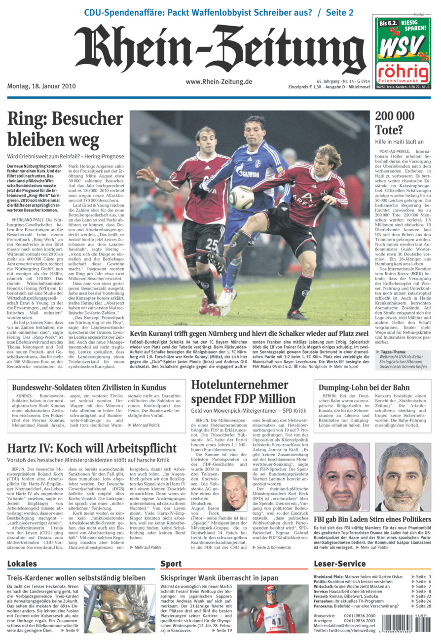 Rhein-Zeitung Kreis Cochem-Zell vom Montag, 18.01.2010