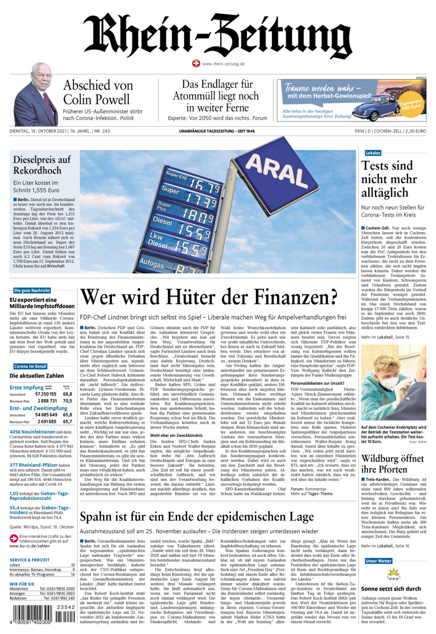 Rhein-Zeitung Kreis Cochem-Zell vom Dienstag, 19.10.2021