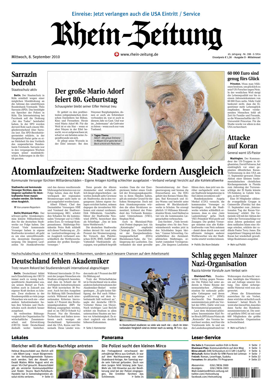 Rhein-Zeitung Kreis Cochem-Zell vom Mittwoch, 08.09.2010