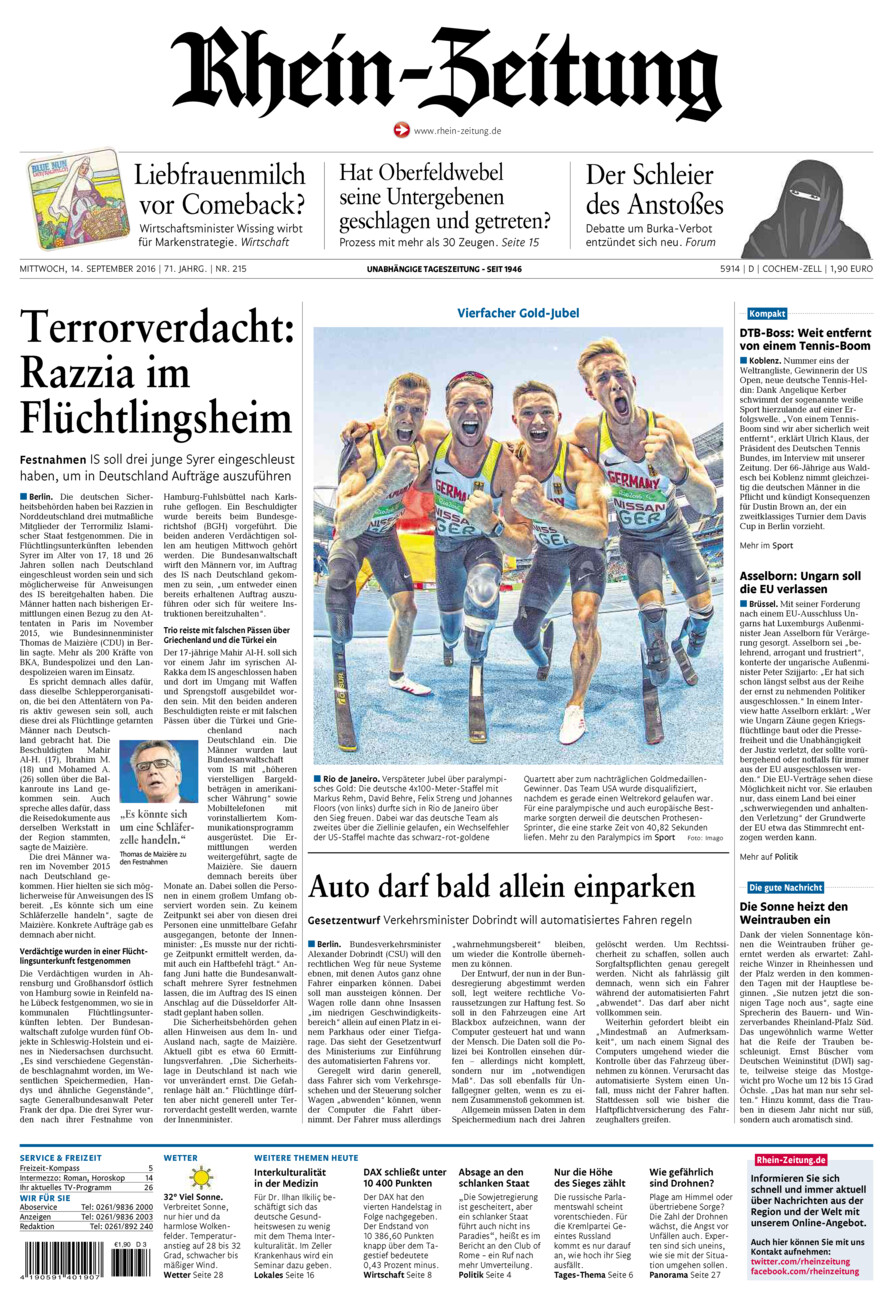 Rhein-Zeitung Kreis Cochem-Zell vom Mittwoch, 14.09.2016
