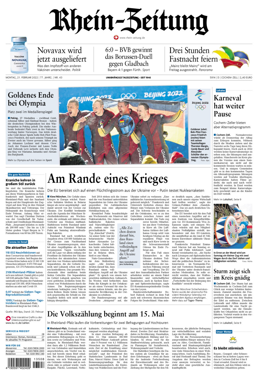 Rhein-Zeitung Kreis Cochem-Zell vom Montag, 21.02.2022